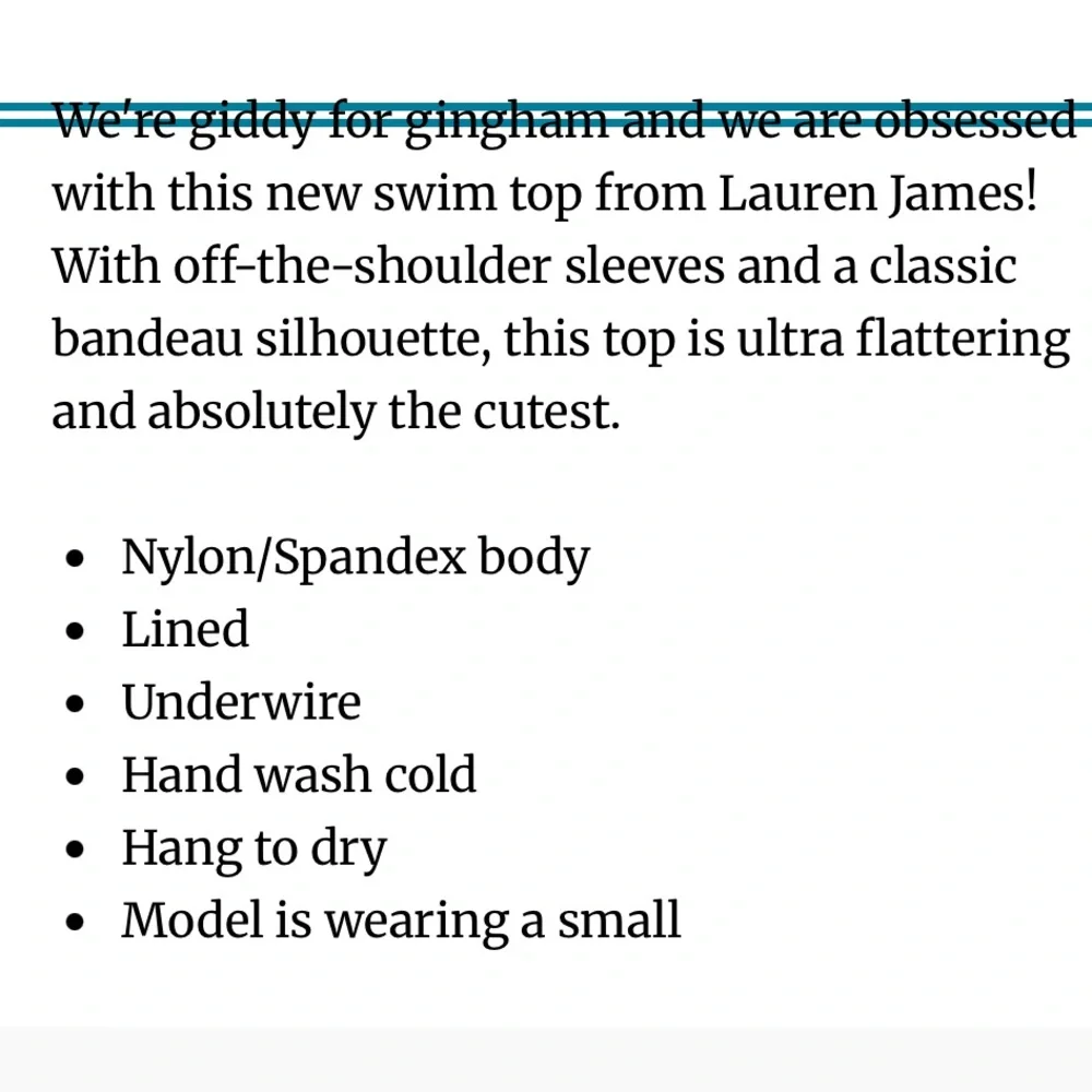 NWT $62 Gingham Off-The-Shoulder Bandeau Bikini Top in Aqua Mist by Lauren James